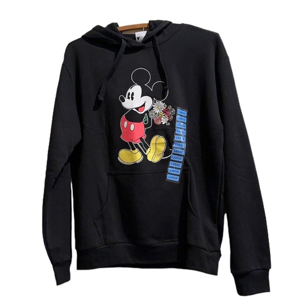Disney Mickey Mouse Black Hoodie Pullover Embroidered Flowers - Size L - NWT